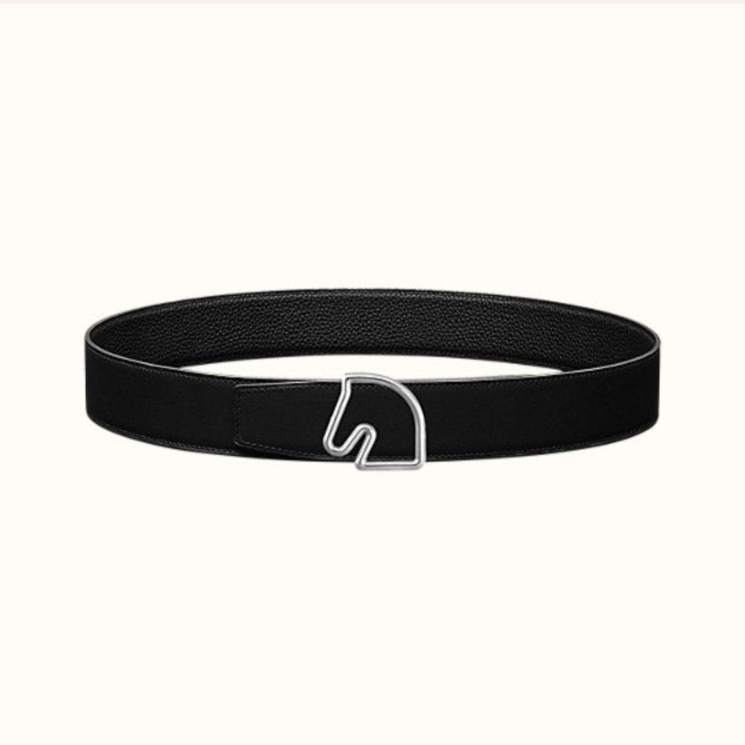 HERMES BOUCLE BELT BUCKLE & REVERSIBLE BLACK AND WHITE LEATHER STRAP 38MM SILVER HARDWARE