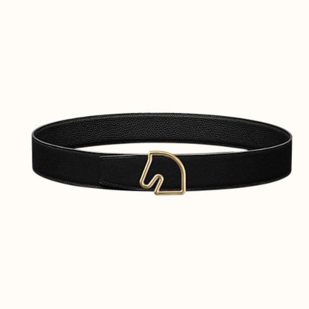 HERMES BOUCLE BELT BUCKLE & REVERSIBLE BLACK AND WHITE LEATHER STRAP 38MM GOLD HARDWARE