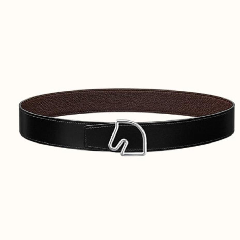 HERMES BOUCLE BELT BUCKLE & REVERSIBLE CHOCOLATE BROWN AND BLACK LEATHER STRAP 38MM SILVER HARDWARE