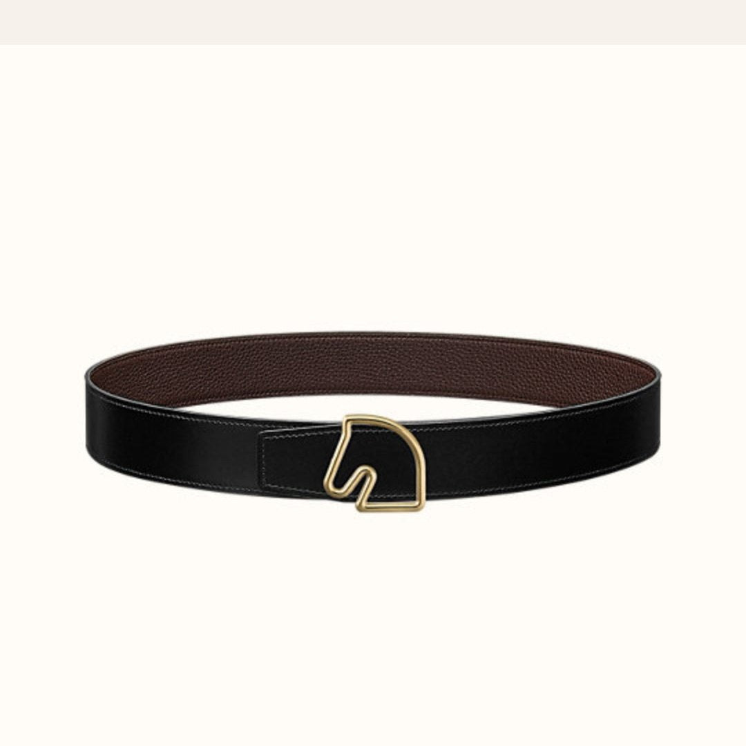 HERMES BOUCLE BELT BUCKLE & REVERSIBLE CHOCOLATE BROWN AND BLACK LEATHER STRAP 38MM GOLD HARDWARE