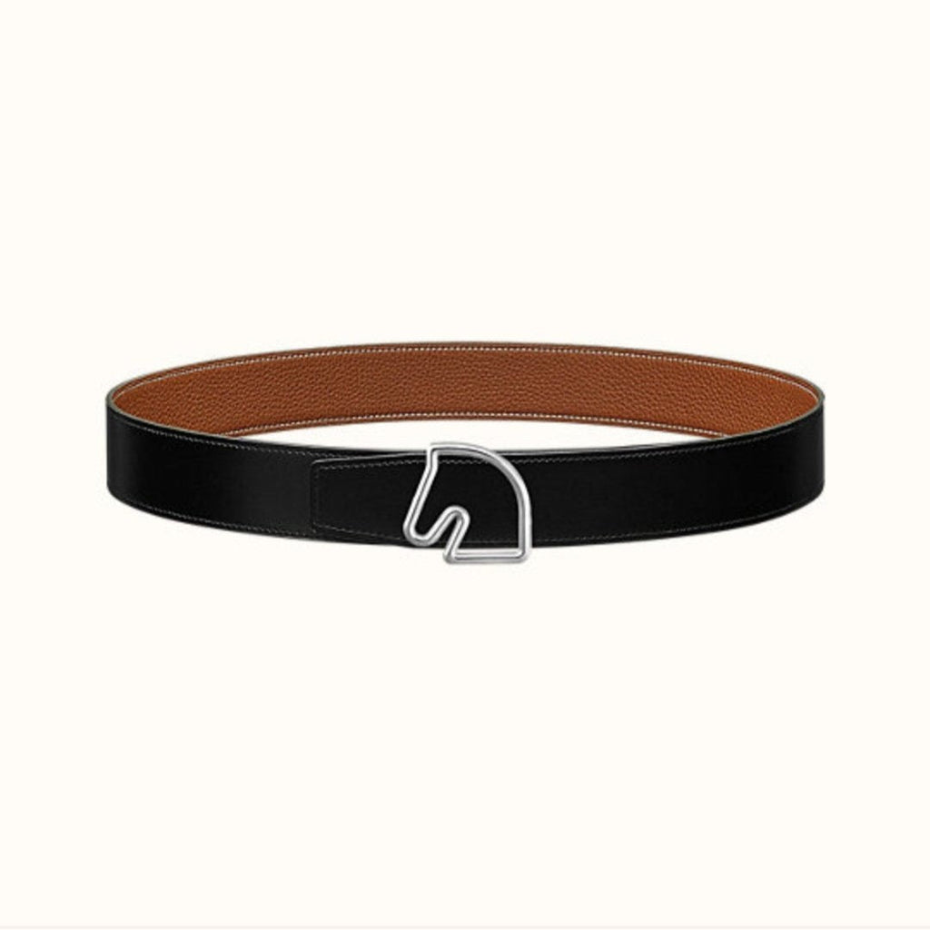 HERMES BOUCLE BELT BUCKLE & REVERSIBLE GINGER ORANGE AND BLACK LEATHER STRAP 38MM SILVER HARDWARE