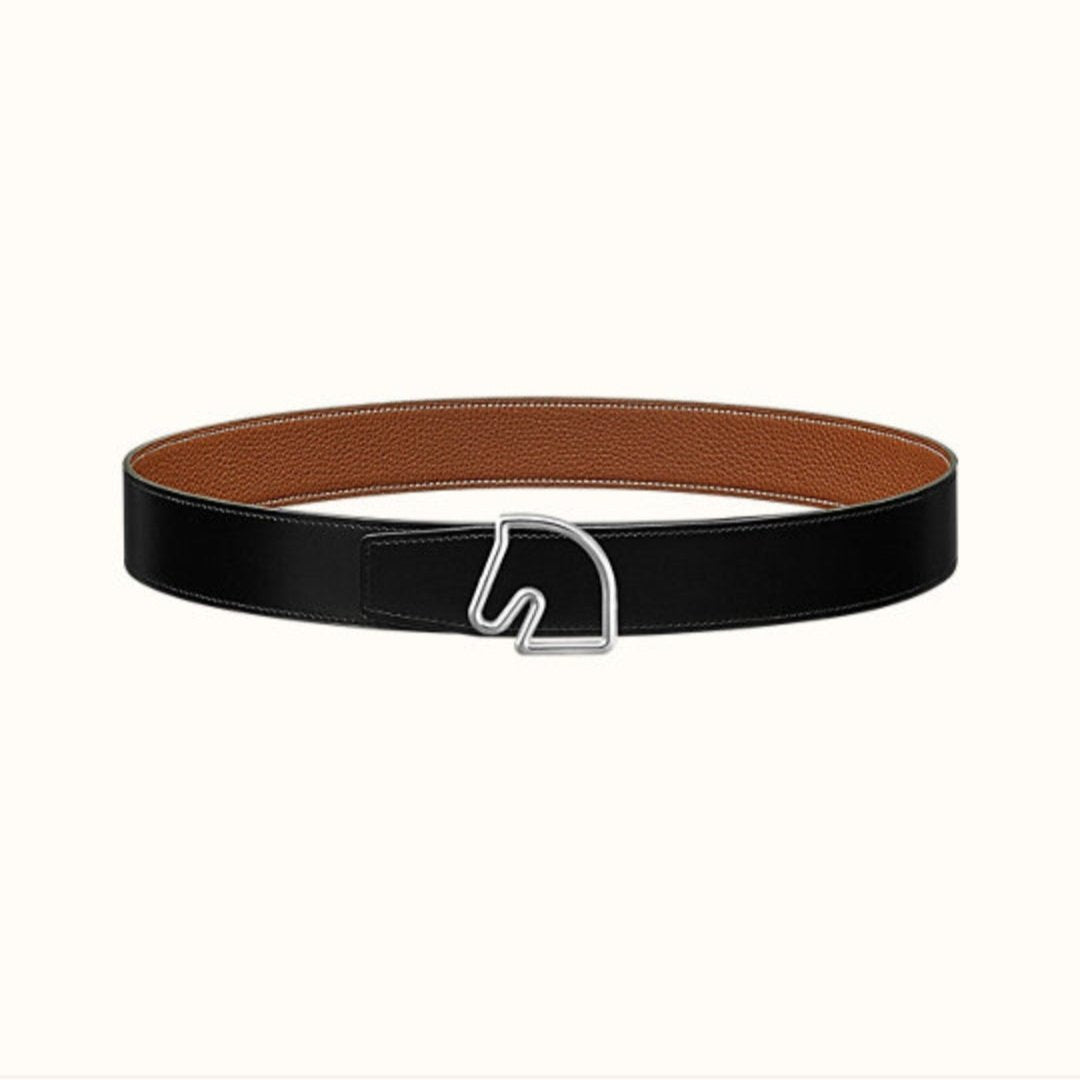 HERMES BOUCLE BELT BUCKLE & REVERSIBLE GINGER ORANGE AND BLACK LEATHER STRAP 38MM SILVER HARDWARE