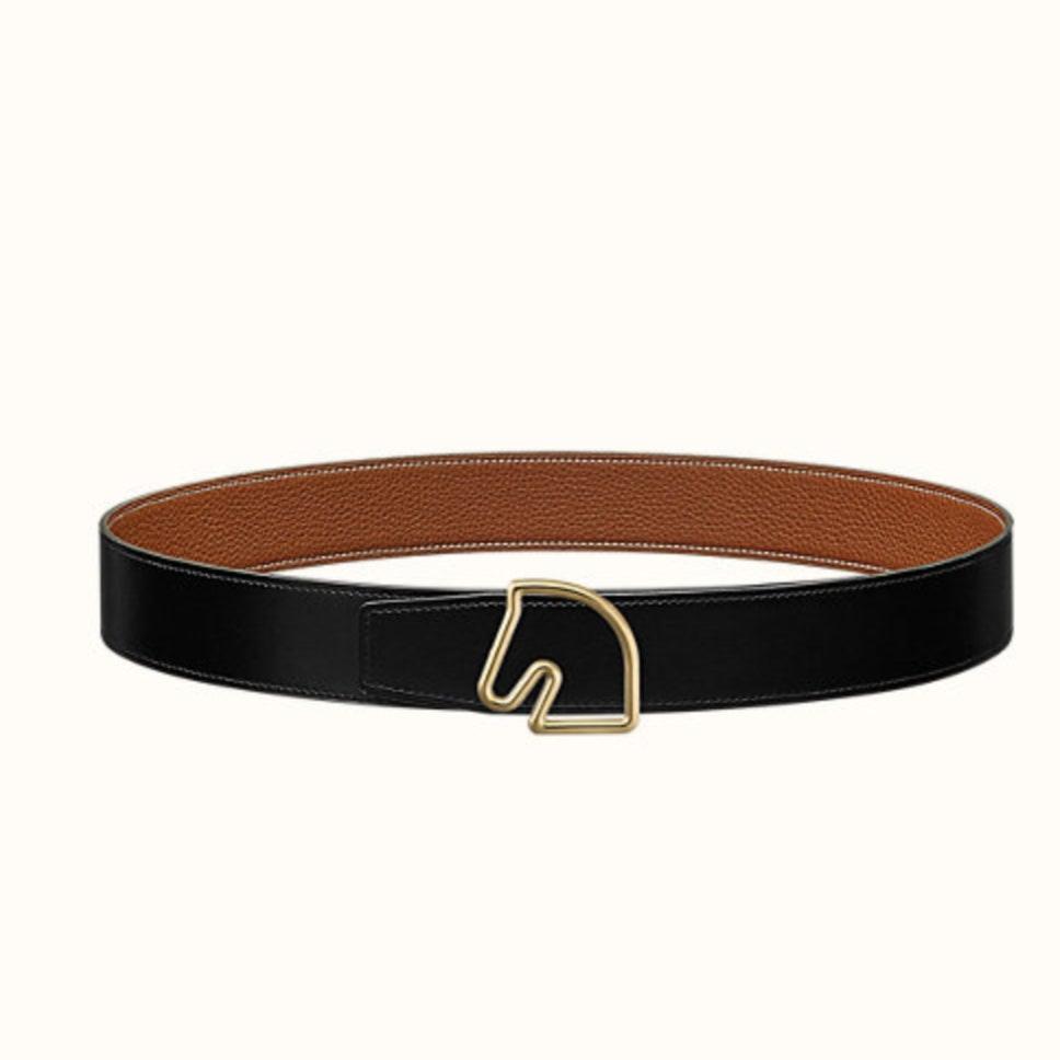HERMES BOUCLE BELT BUCKLE & REVERSIBLE GINGER ORANGE AND BLACK LEATHER STRAP 38MM GOLD HARDWARE