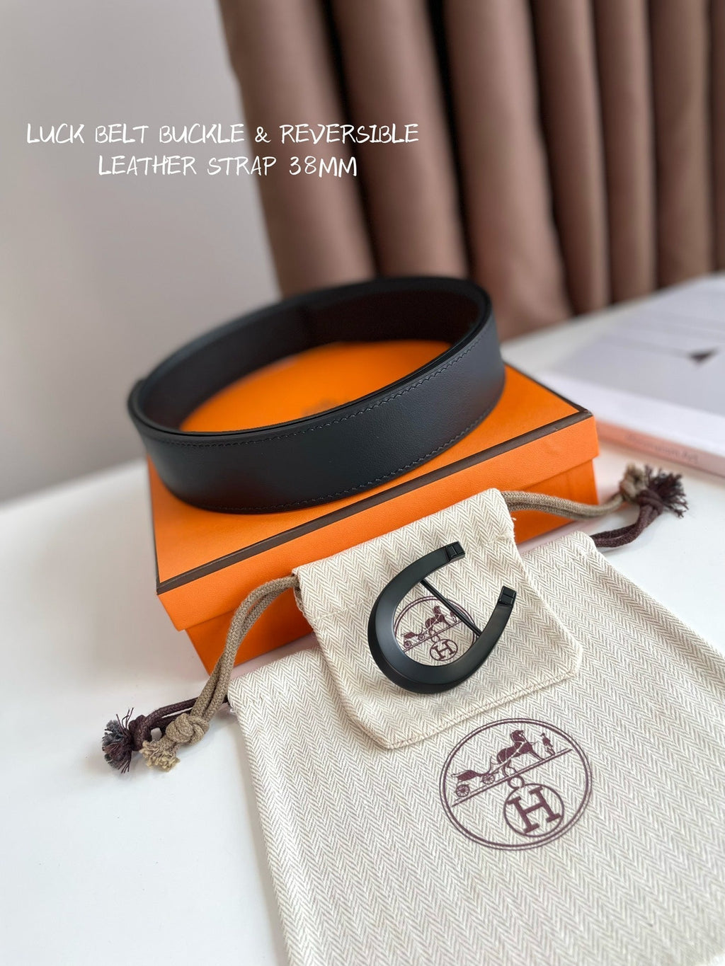 HERMES LUCK BELT BUCKLE & REVERSIBLE BLACK LEATHER STRAP 38MM