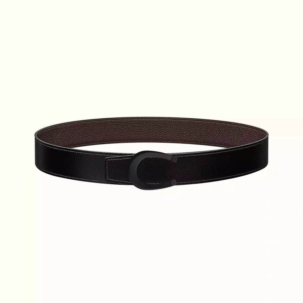 HERMES LUCK BELT BUCKLE & REVERSIBLE CHOCOLATE BROWN AND BLACK LEATHER STRAP 38MM