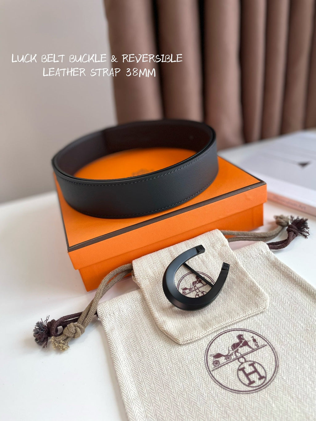 HERMES LUCK BELT BUCKLE & REVERSIBLE CHOCOLATE BROWN AND BLACK LEATHER STRAP 38MM