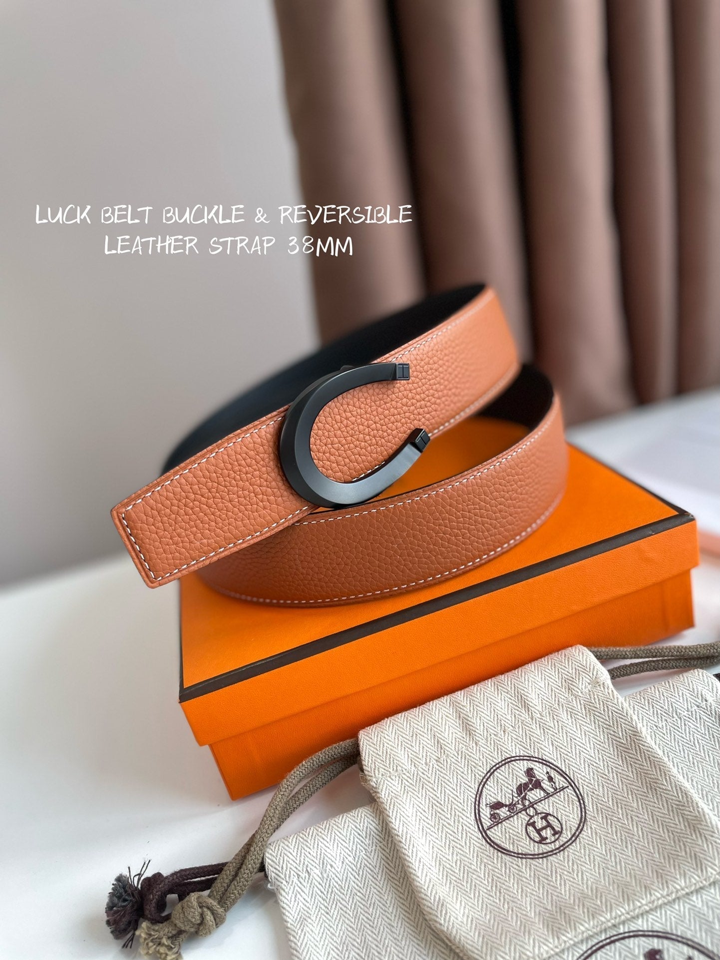 HERMES LUCK BELT BUCKLE & REVERSIBLE GINGER ORANGE AND BLACK LEATHER STRAP 38MM