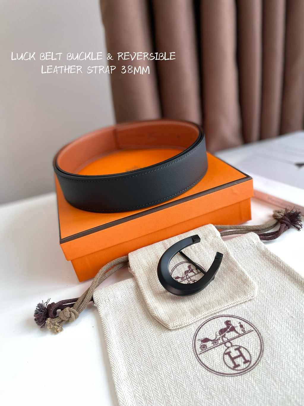 HERMES LUCK BELT BUCKLE & REVERSIBLE GINGER ORANGE AND BLACK LEATHER STRAP 38MM