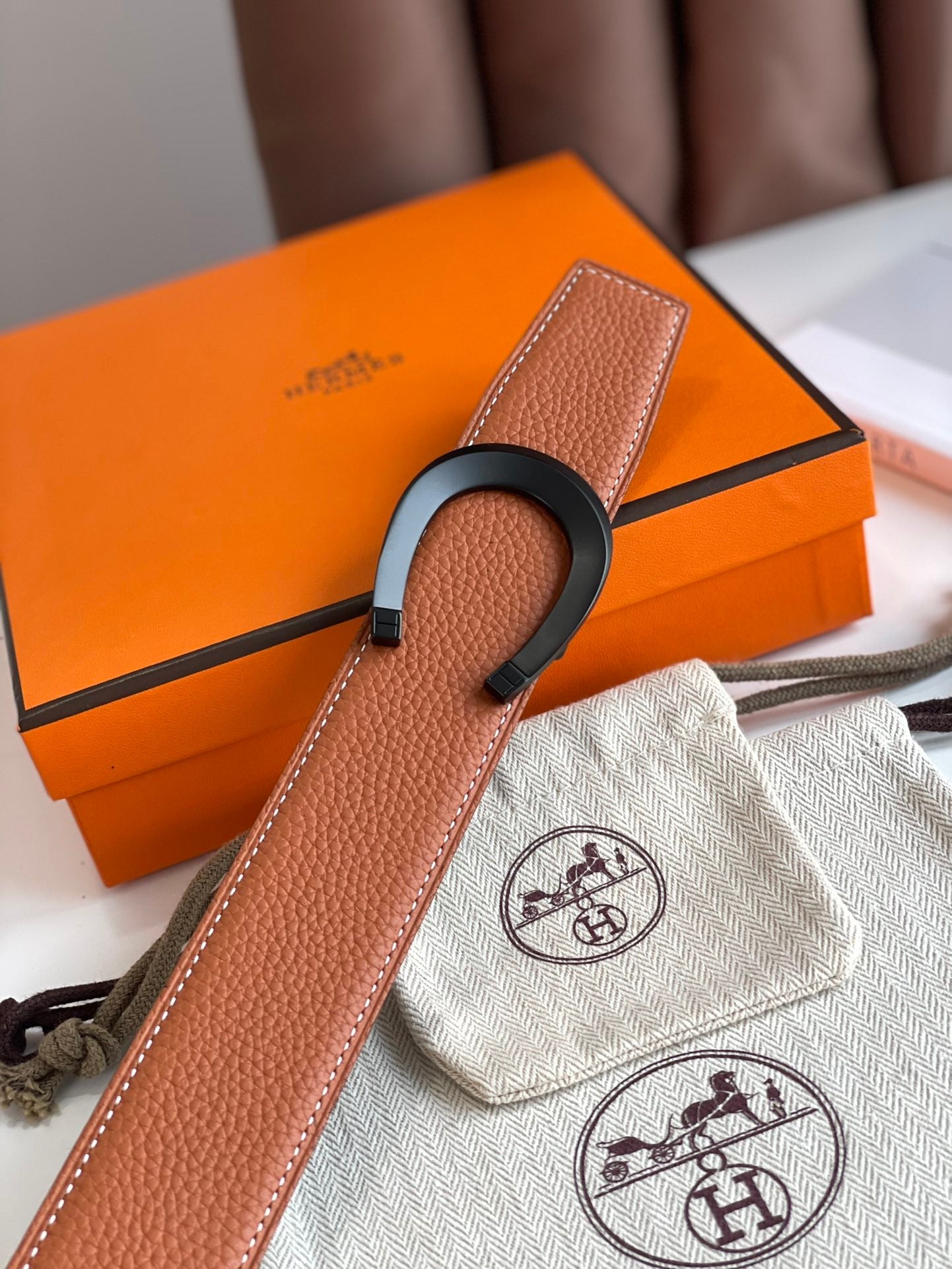HERMES LUCK BELT BUCKLE & REVERSIBLE GINGER ORANGE AND BLACK LEATHER STRAP 38MM