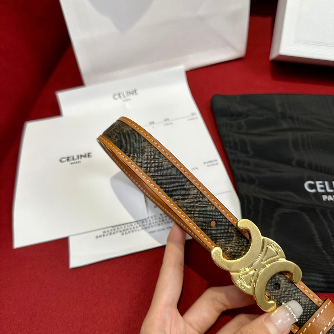 CELINE TRIOMPHE BELT 25MM REVERSIBLE IN DARK BROWN LOGO PRINT AND BROWN CALFSKIN WITH GOLD BUCKLE