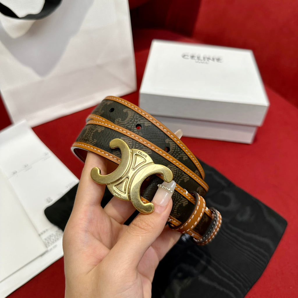 CELINE TRIOMPHE BELT 25MM REVERSIBLE IN DARK BROWN LOGO PRINT AND BROWN CALFSKIN WITH GOLD BUCKLE