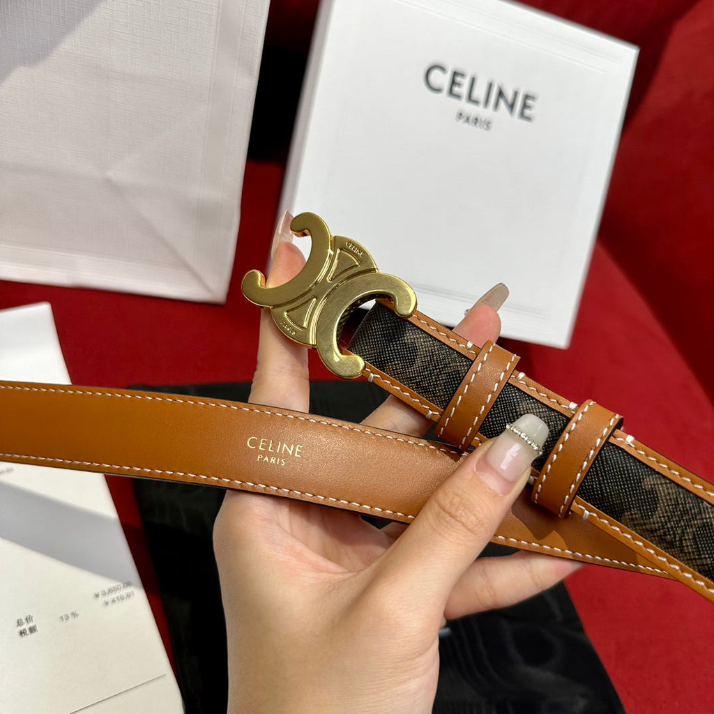 CELINE TRIOMPHE BELT 25MM REVERSIBLE IN DARK BROWN LOGO PRINT AND BROWN CALFSKIN WITH GOLD BUCKLE