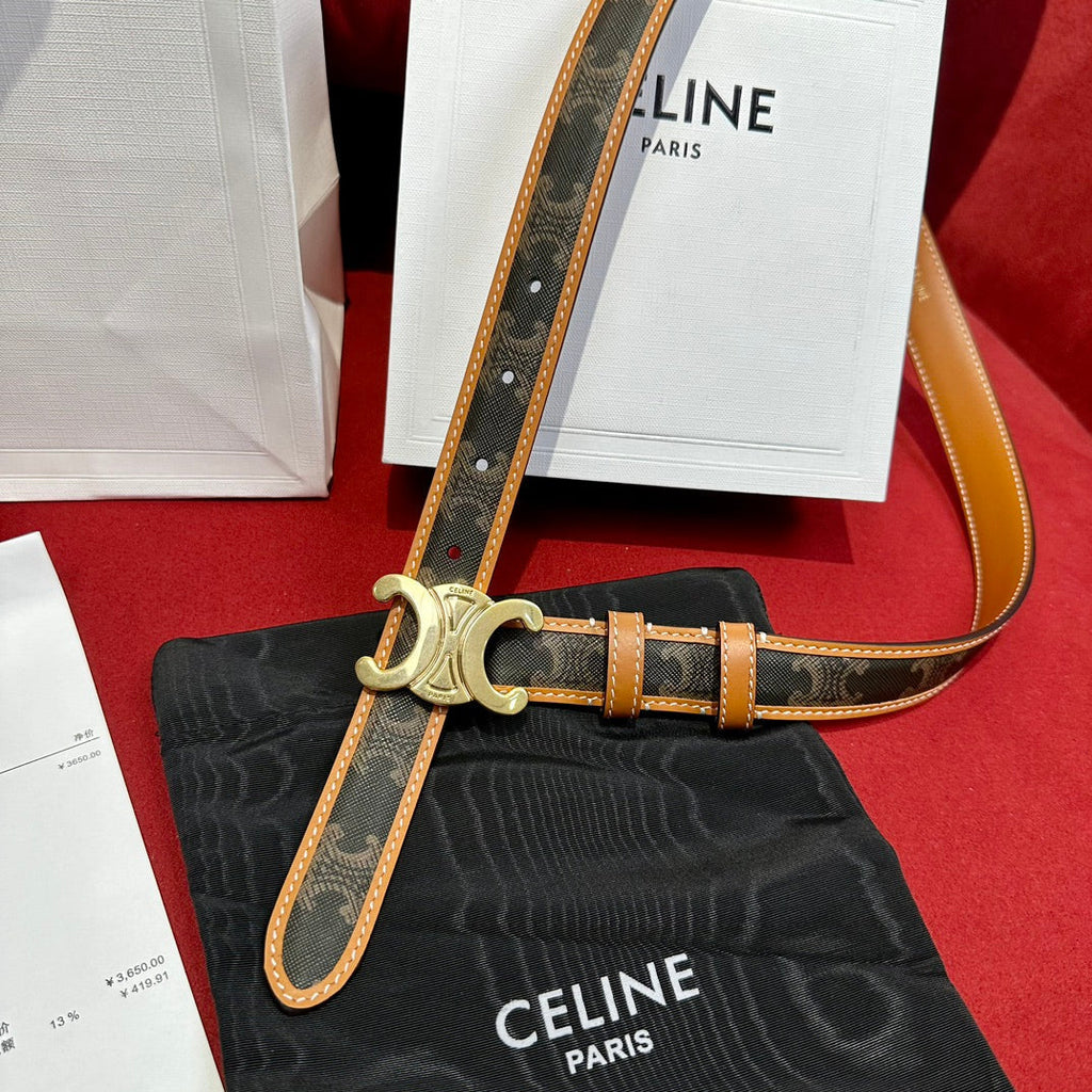 CELINE TRIOMPHE BELT 25MM REVERSIBLE IN DARK BROWN LOGO PRINT AND BROWN CALFSKIN WITH GOLD BUCKLE