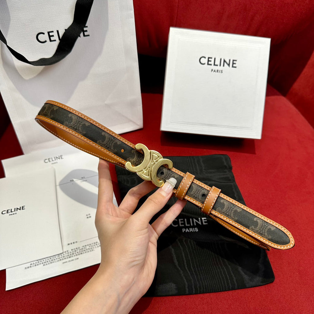 CELINE TRIOMPHE BELT 25MM REVERSIBLE IN DARK BROWN LOGO PRINT AND BROWN CALFSKIN WITH GOLD BUCKLE