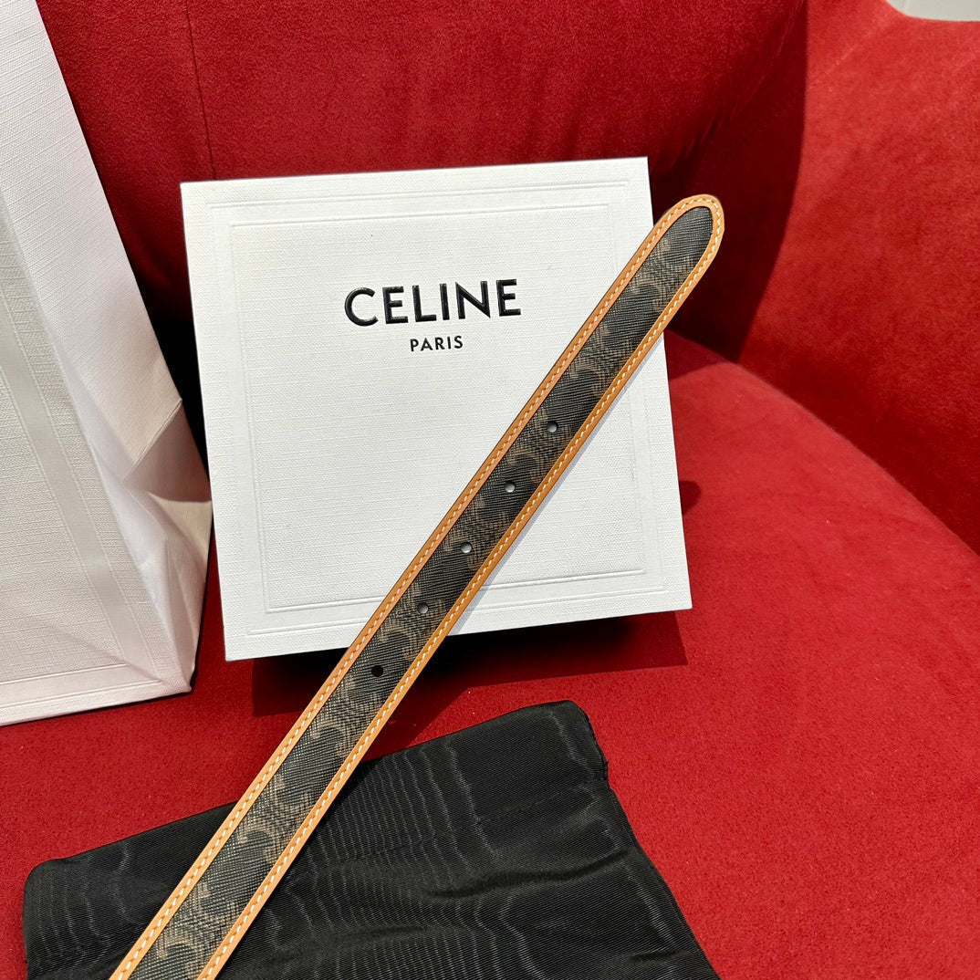 CELINE TRIOMPHE BELT 25MM REVERSIBLE IN DARK BROWN LOGO PRINT AND BROWN CALFSKIN WITH GOLD BUCKLE