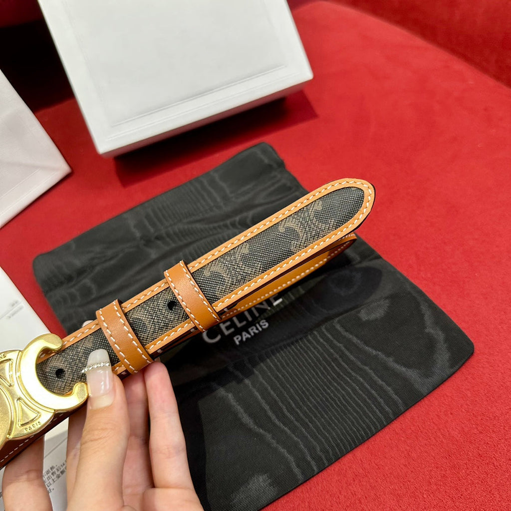 CELINE TRIOMPHE BELT 25MM REVERSIBLE IN DARK BROWN LOGO PRINT AND BROWN CALFSKIN WITH GOLD BUCKLE