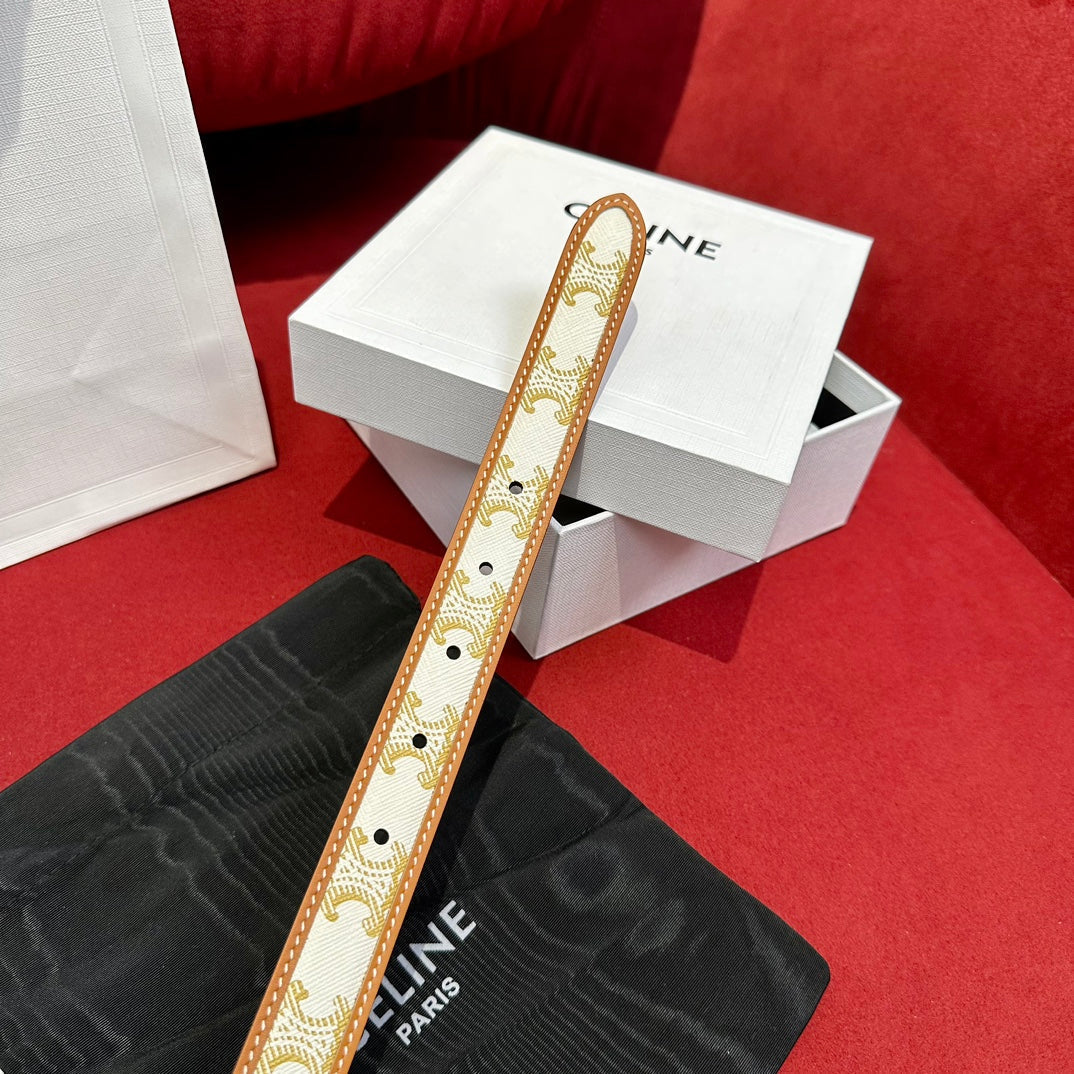 CELINE BELT 25MM IN WHITE AND BROWN CALFSKIN WITH LOGO PRINT AND GOLD BUCKLE