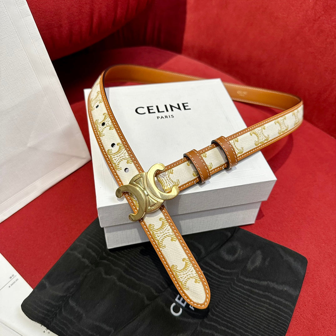 CELINE BELT 25MM IN WHITE AND BROWN CALFSKIN WITH LOGO PRINT AND GOLD BUCKLE