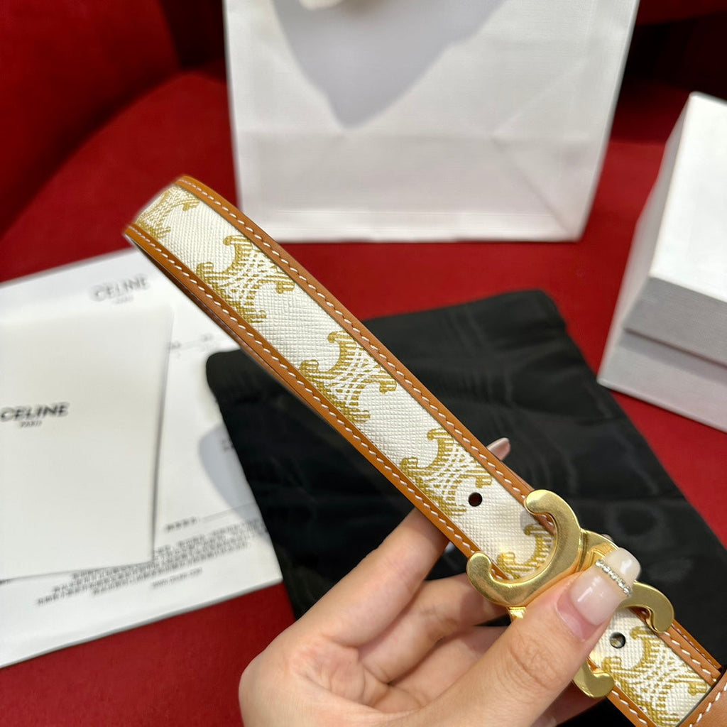 CELINE BELT 25MM IN WHITE AND BROWN CALFSKIN WITH LOGO PRINT AND GOLD BUCKLE