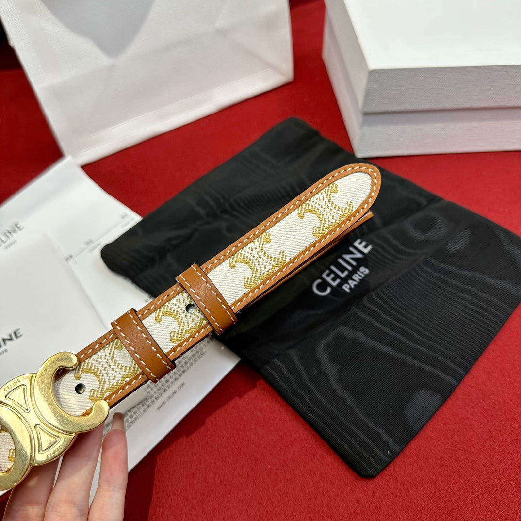 CELINE BELT 25MM IN WHITE AND BROWN CALFSKIN WITH LOGO PRINT AND GOLD BUCKLE