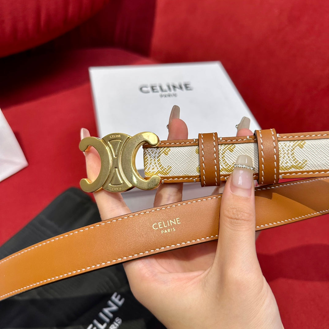 CELINE BELT 25MM IN WHITE AND BROWN CALFSKIN WITH LOGO PRINT AND GOLD BUCKLE
