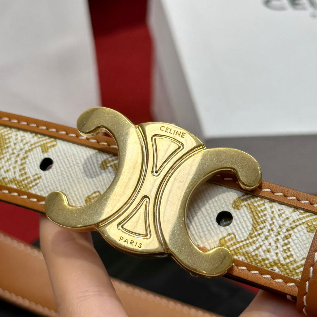 CELINE BELT 25MM IN WHITE AND BROWN CALFSKIN WITH LOGO PRINT AND GOLD BUCKLE