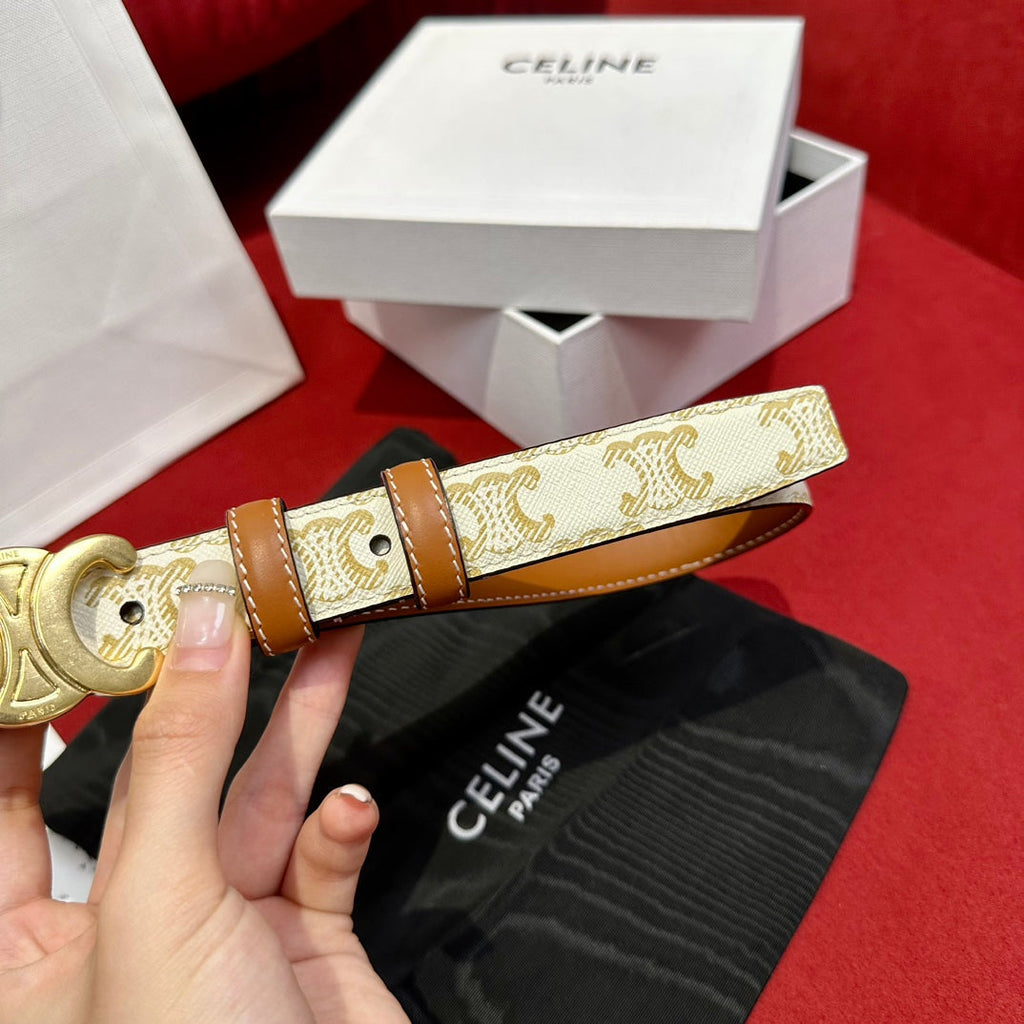 CELINE TRIOMPHE BELT 25MM REVERSIBLE IN WHITE LOGO-PRINT AND BROWN CALFSKIN WITH GOLD BUCKLE