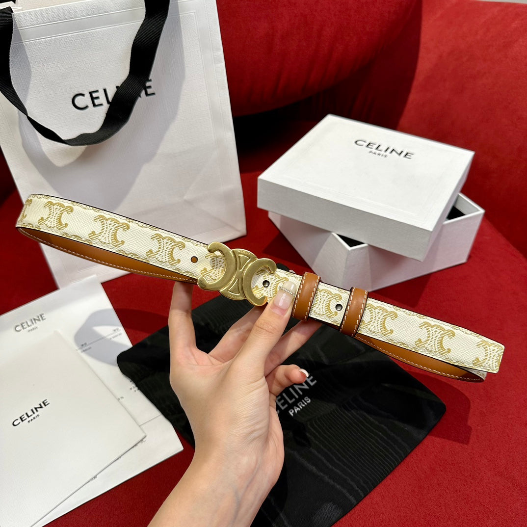 CELINE TRIOMPHE BELT 25MM REVERSIBLE IN WHITE LOGO-PRINT AND BROWN CALFSKIN WITH GOLD BUCKLE