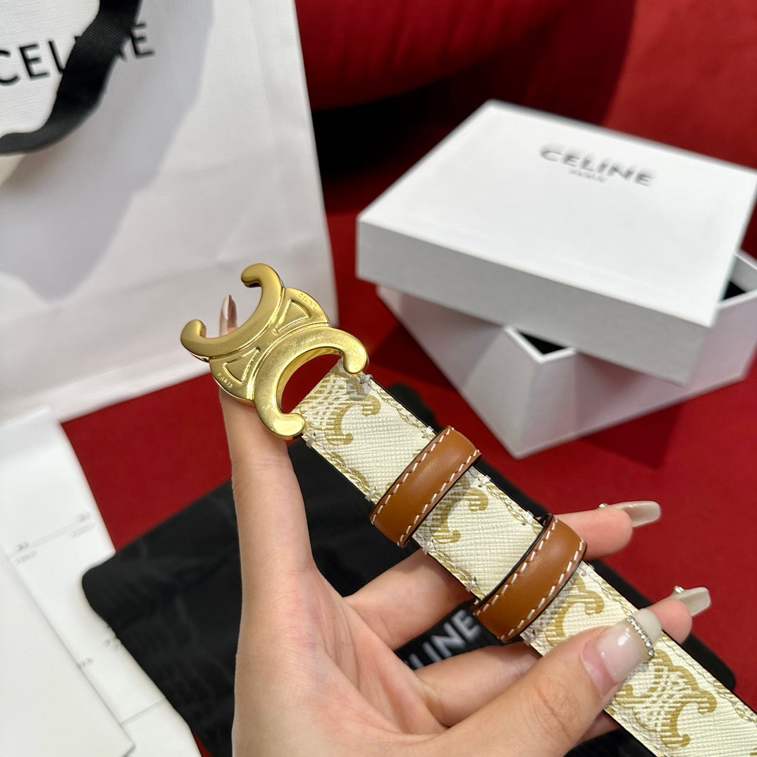 CELINE TRIOMPHE BELT 25MM REVERSIBLE IN WHITE LOGO-PRINT AND BROWN CALFSKIN WITH GOLD BUCKLE