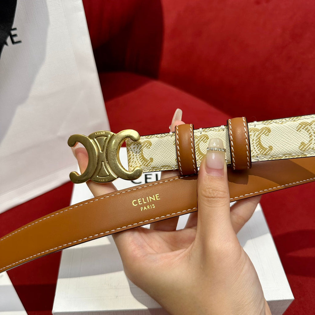 CELINE TRIOMPHE BELT 25MM REVERSIBLE IN WHITE LOGO-PRINT AND BROWN CALFSKIN WITH GOLD BUCKLE