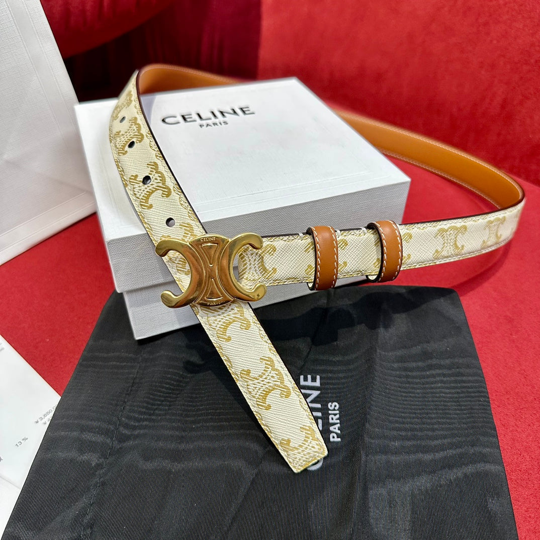CELINE TRIOMPHE BELT 25MM REVERSIBLE IN WHITE LOGO-PRINT AND BROWN CALFSKIN WITH GOLD BUCKLE