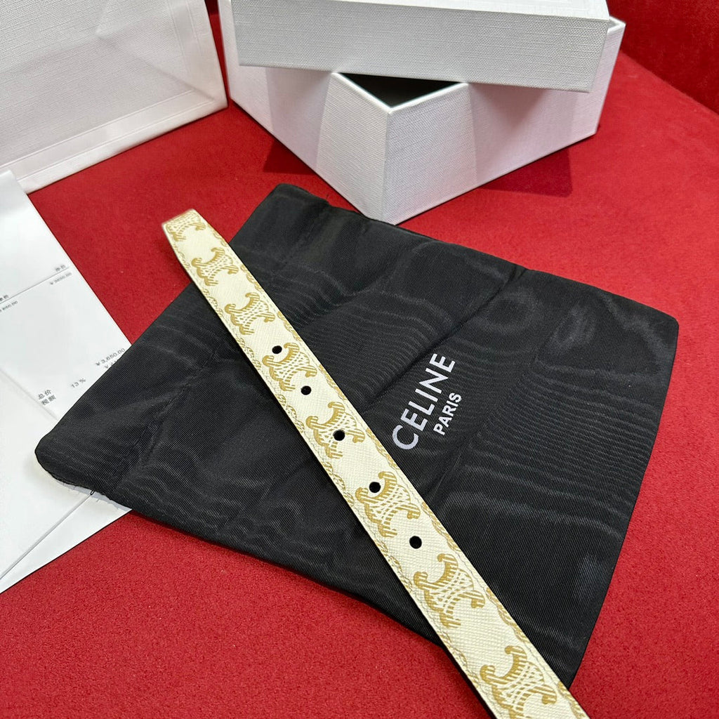 CELINE TRIOMPHE BELT 25MM REVERSIBLE IN WHITE LOGO-PRINT AND BROWN CALFSKIN WITH GOLD BUCKLE