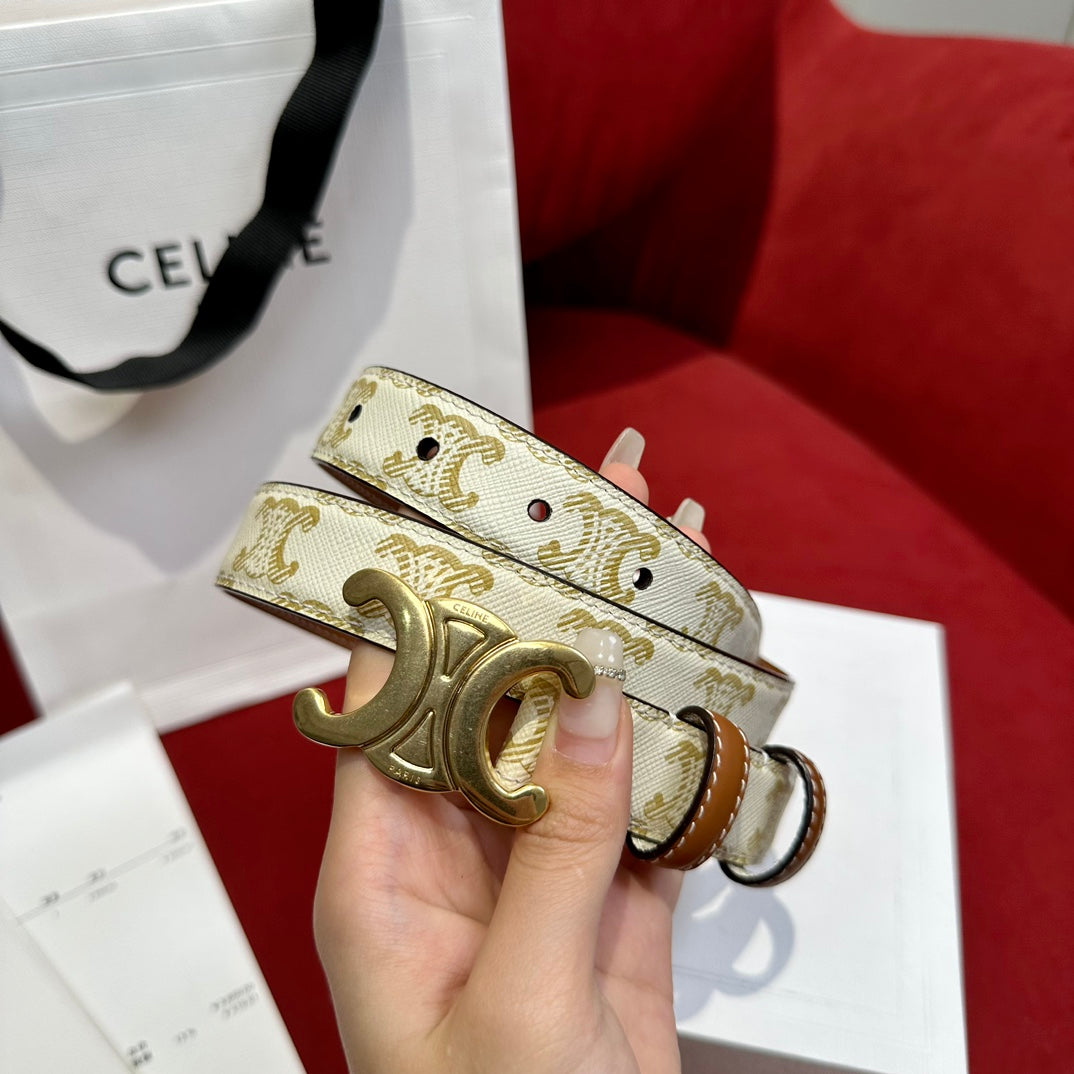 CELINE TRIOMPHE BELT 25MM REVERSIBLE IN WHITE LOGO-PRINT AND BROWN CALFSKIN WITH GOLD BUCKLE