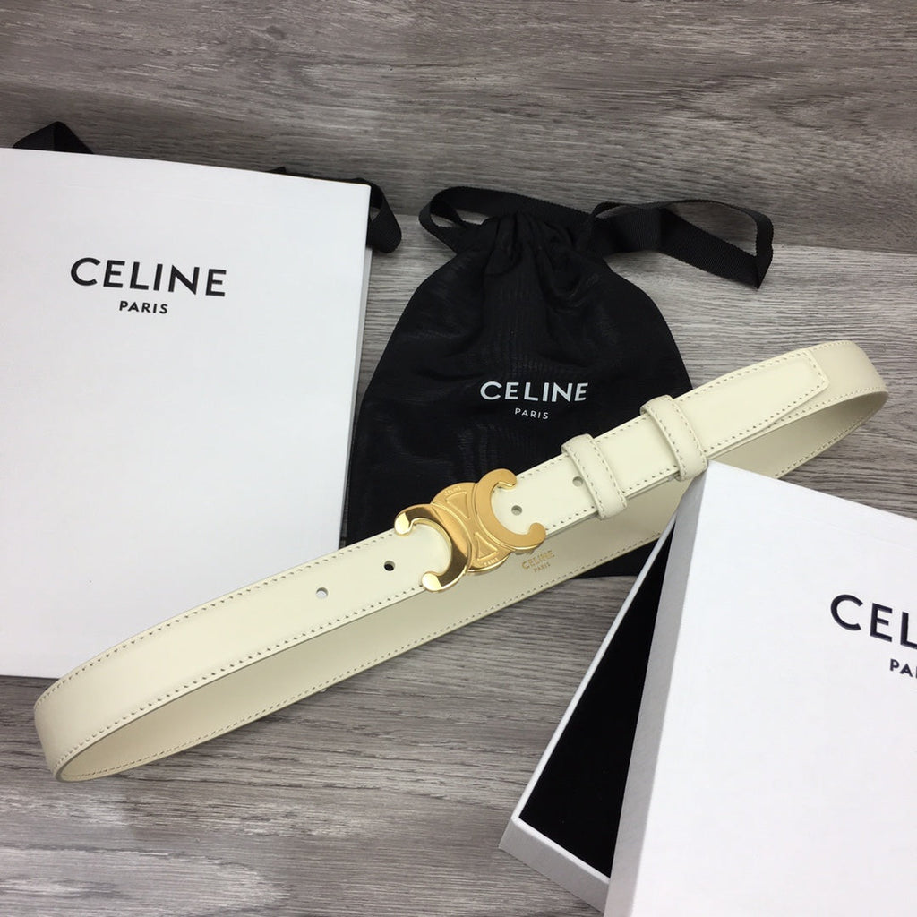 CELINE CL MEDIUM 25 MM TRIOMPHE BELT IN WHITE LEATHER GOLD HARDWARE