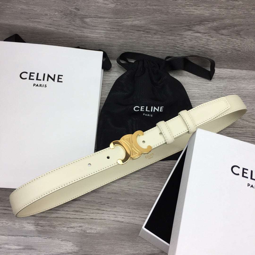 CELINE CL MEDIUM 25 MM TRIOMPHE BELT IN WHITE LEATHER GOLD HARDWARE