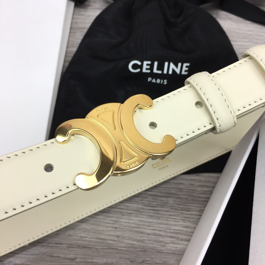 CELINE CL MEDIUM 25 MM TRIOMPHE BELT IN WHITE LEATHER GOLD HARDWARE