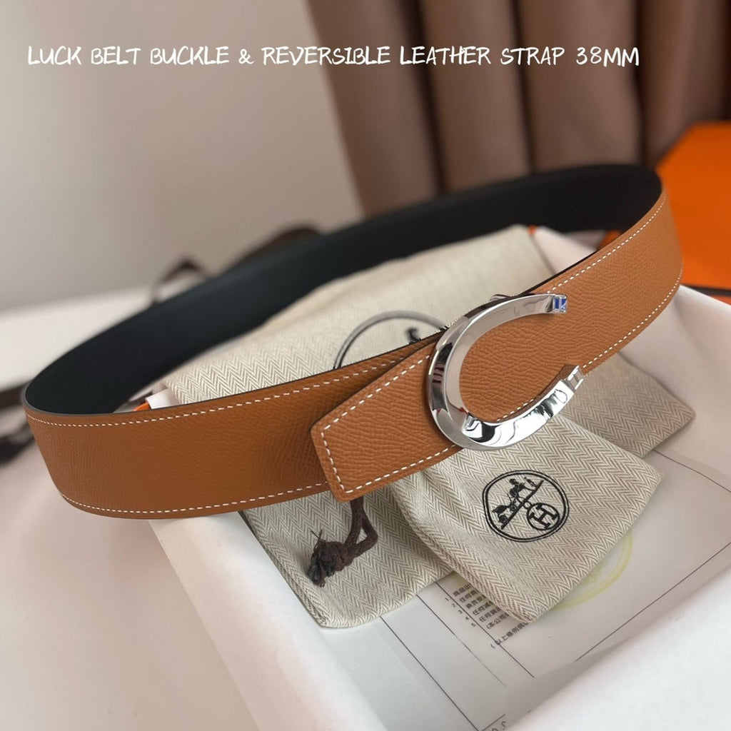HERMES LUCK BELT BUCKLE & REVERSIBLE GINGER ORANGE AND BLACK LEATHER STRAP 38MM SILVER HARDWARE