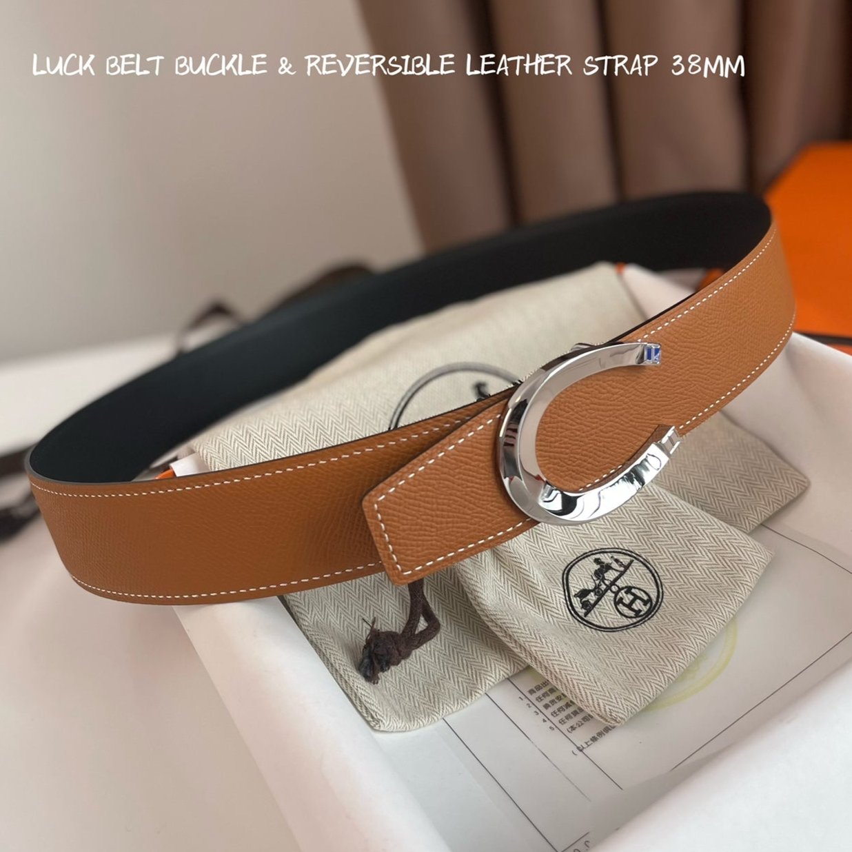 HERMES LUCK BELT BUCKLE & REVERSIBLE GINGER ORANGE AND BLACK LEATHER STRAP 38MM SILVER HARDWARE
