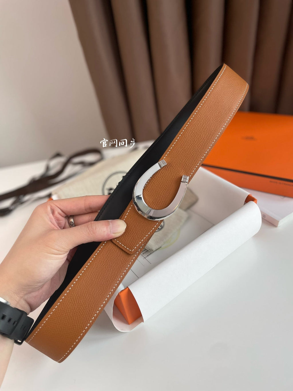 HERMES LUCK BELT BUCKLE & REVERSIBLE GINGER ORANGE AND BLACK LEATHER STRAP 38MM SILVER HARDWARE