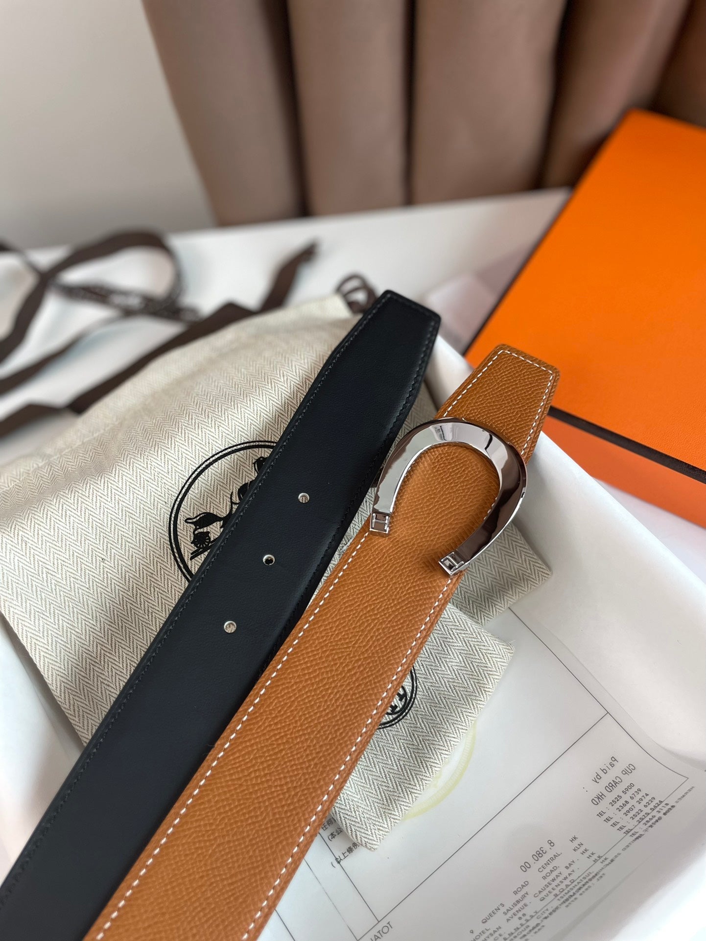 HERMES LUCK BELT BUCKLE & REVERSIBLE GINGER ORANGE AND BLACK LEATHER STRAP 38MM SILVER HARDWARE