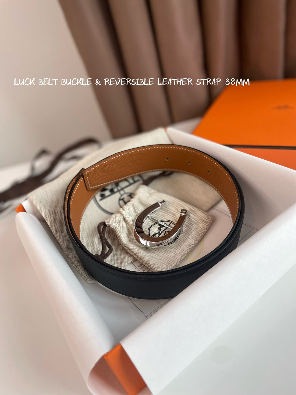 HERMES LUCK BELT BUCKLE & REVERSIBLE GINGER ORANGE AND BLACK LEATHER STRAP 38MM SILVER HARDWARE