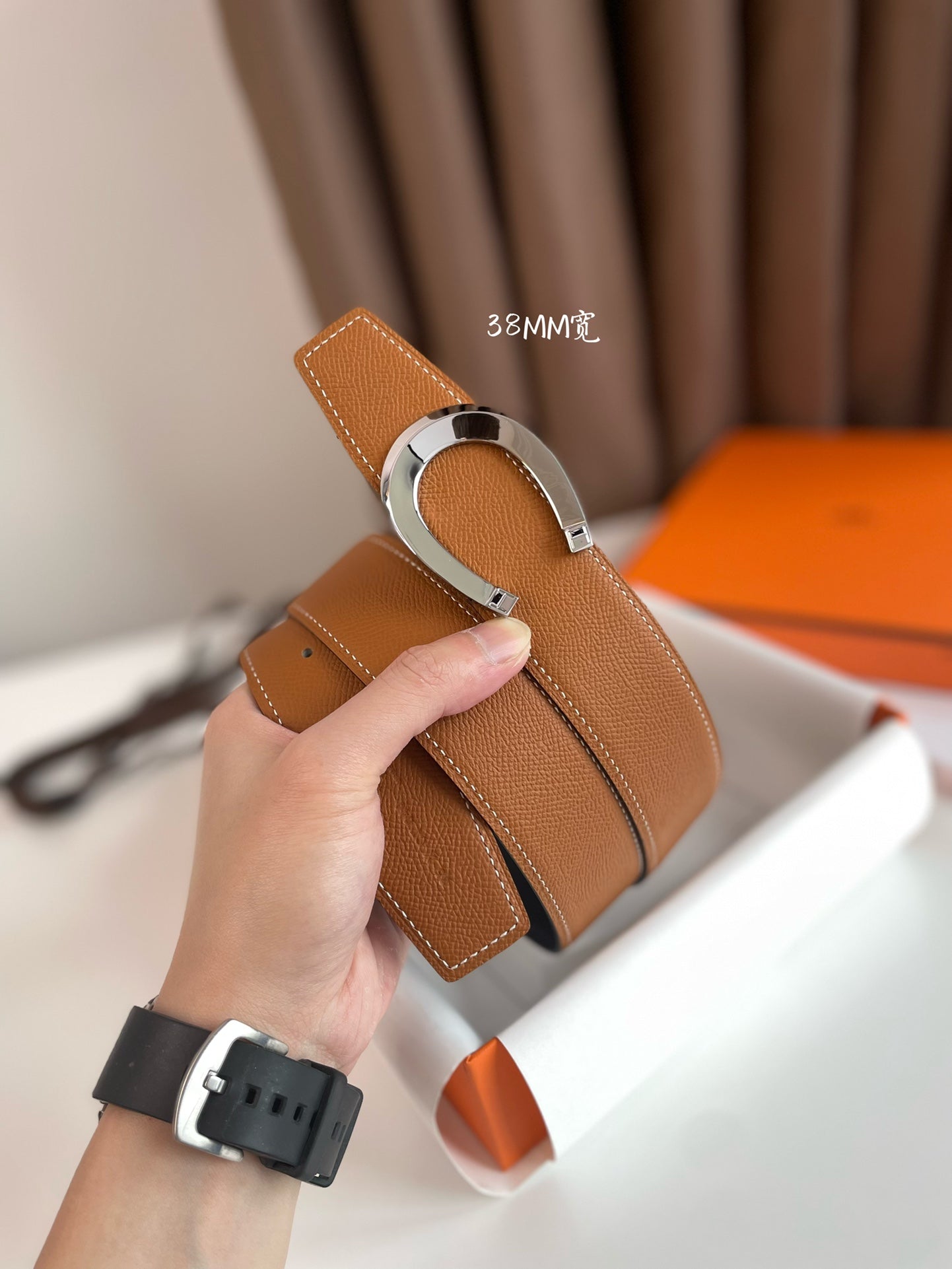 HERMES LUCK BELT BUCKLE & REVERSIBLE GINGER ORANGE AND BLACK LEATHER STRAP 38MM SILVER HARDWARE