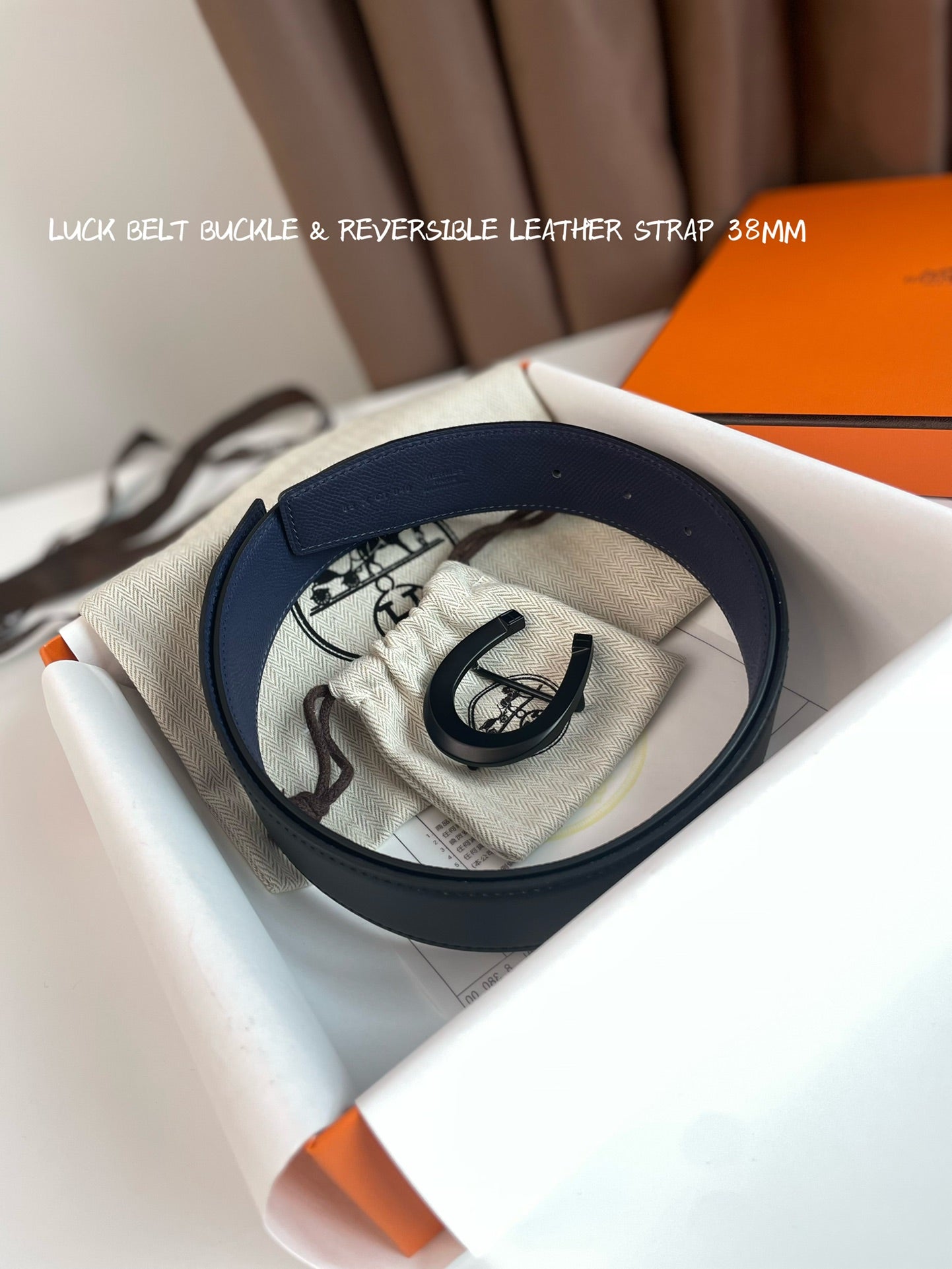 HERMES LUCK BELT BUCKLE & REVERSIBLE AEGEAN BLUE AND BLACK LEATHER STRAP 38MM BLACK HARDWARE