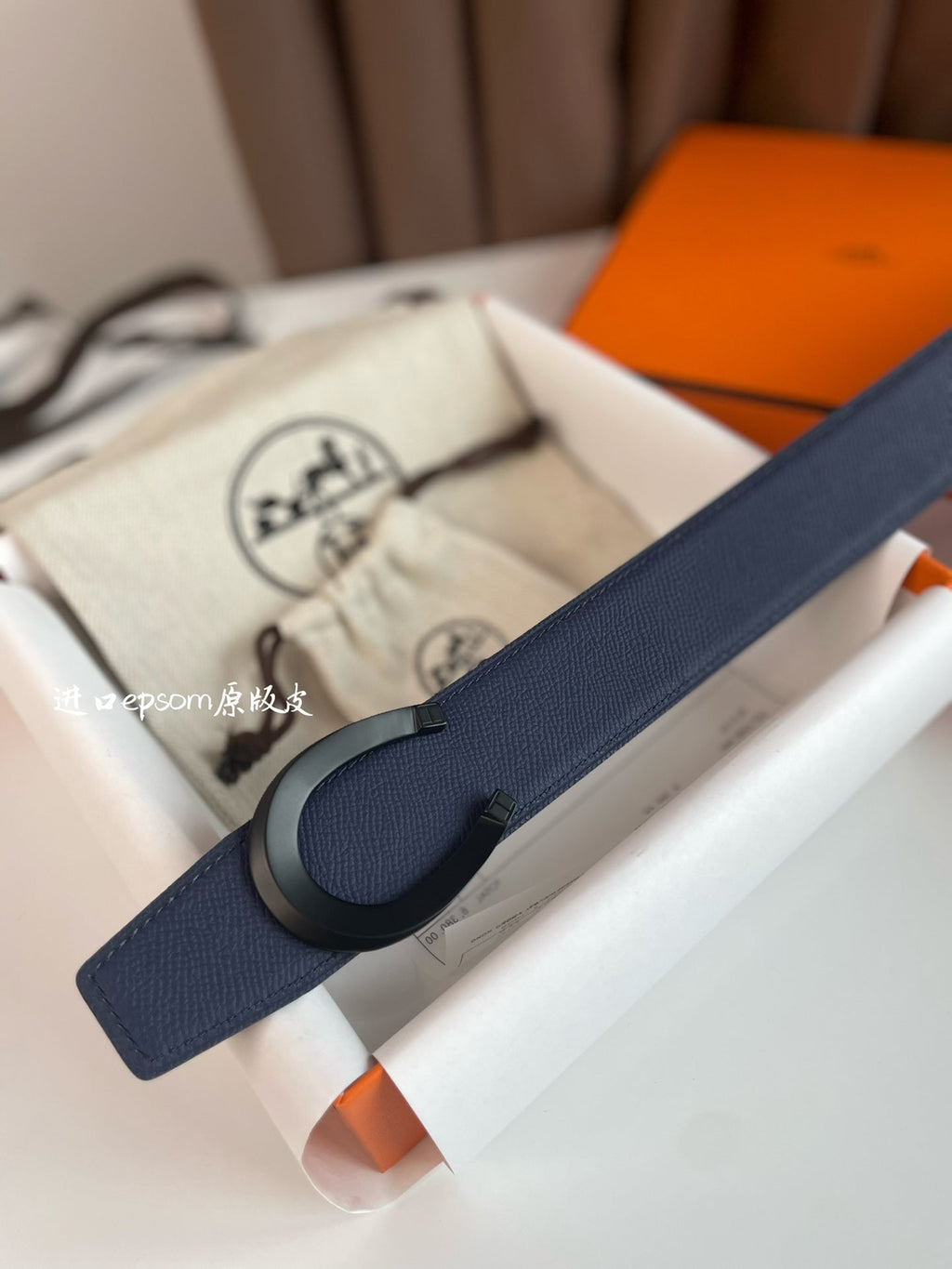HERMES LUCK BELT BUCKLE & REVERSIBLE AEGEAN BLUE AND BLACK LEATHER STRAP 38MM BLACK HARDWARE