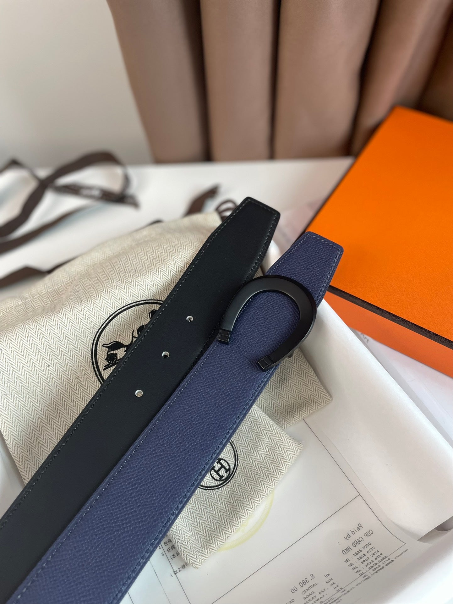HERMES LUCK BELT BUCKLE & REVERSIBLE AEGEAN BLUE AND BLACK LEATHER STRAP 38MM BLACK HARDWARE
