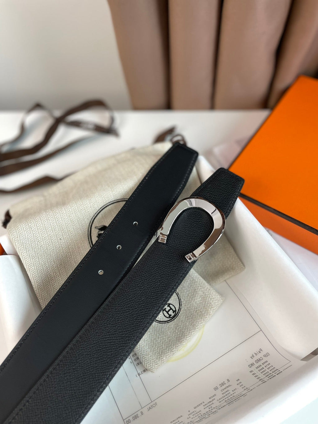 HERMES LUCK BELT BUCKLE & REVERSIBLE BLACK LEATHER STRAP 38MM SILVER HARDWARE