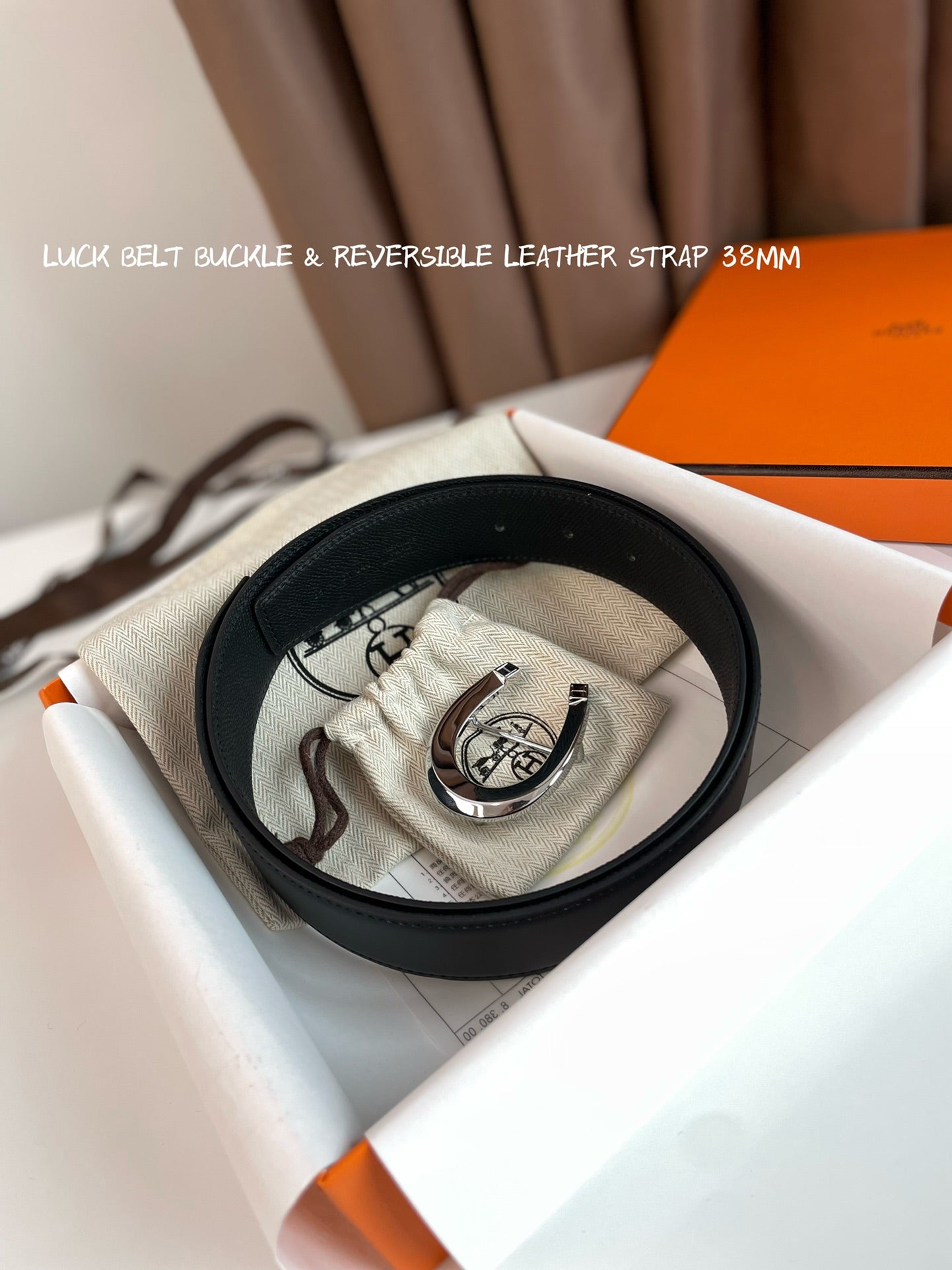 HERMES LUCK BELT BUCKLE & REVERSIBLE BLACK LEATHER STRAP 38MM SILVER HARDWARE