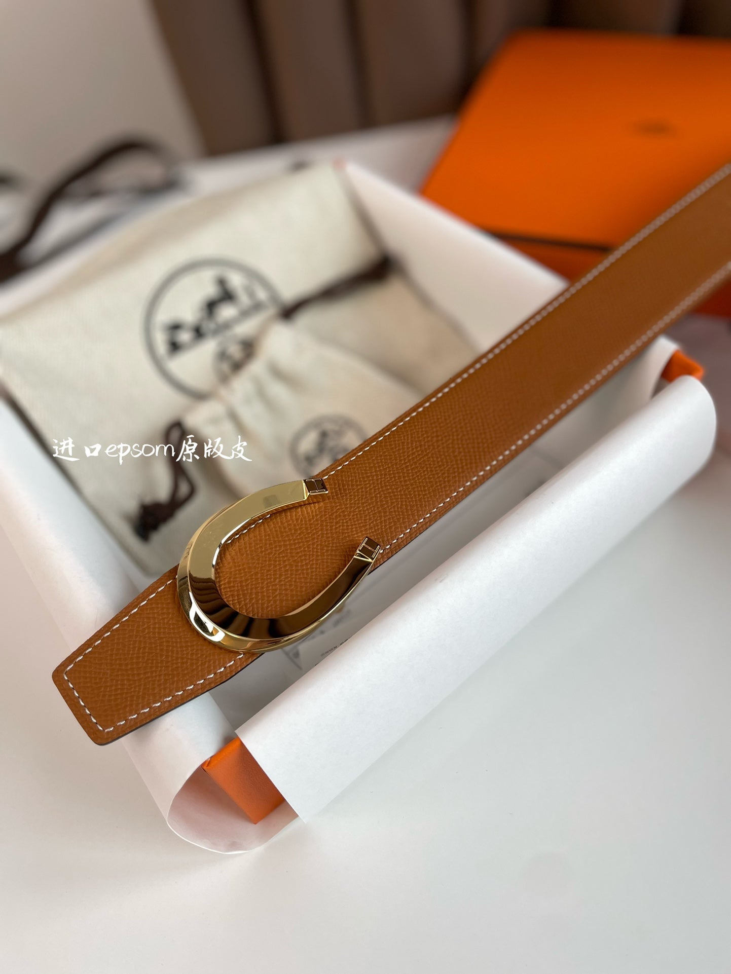 HERMES LUCK BELT BUCKLE & REVERSIBLE GINGER ORANGE LEATHER STRAP 38MM GOLDEN HARDWARE