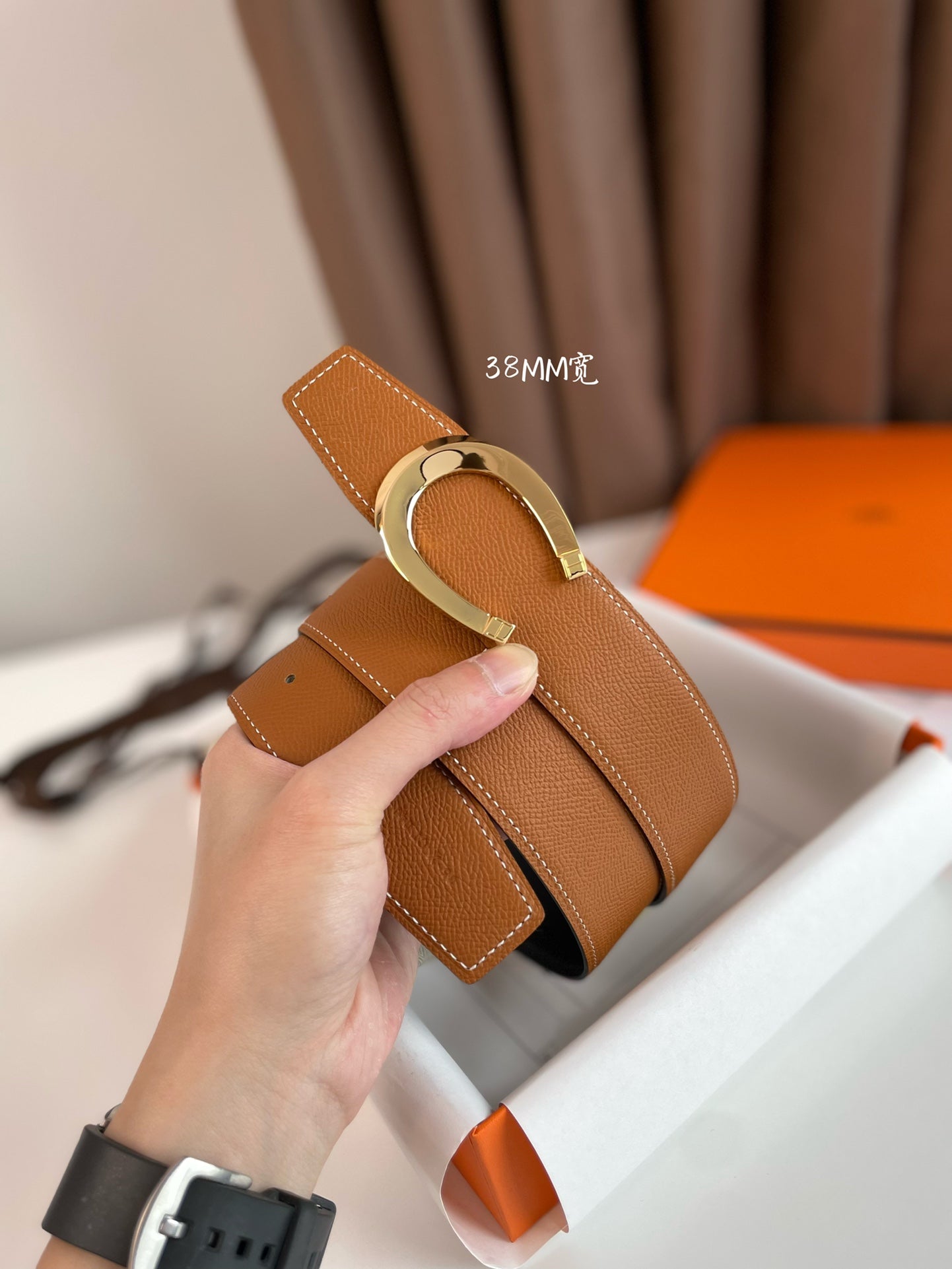 HERMES LUCK BELT BUCKLE & REVERSIBLE GINGER ORANGE LEATHER STRAP 38MM GOLDEN HARDWARE