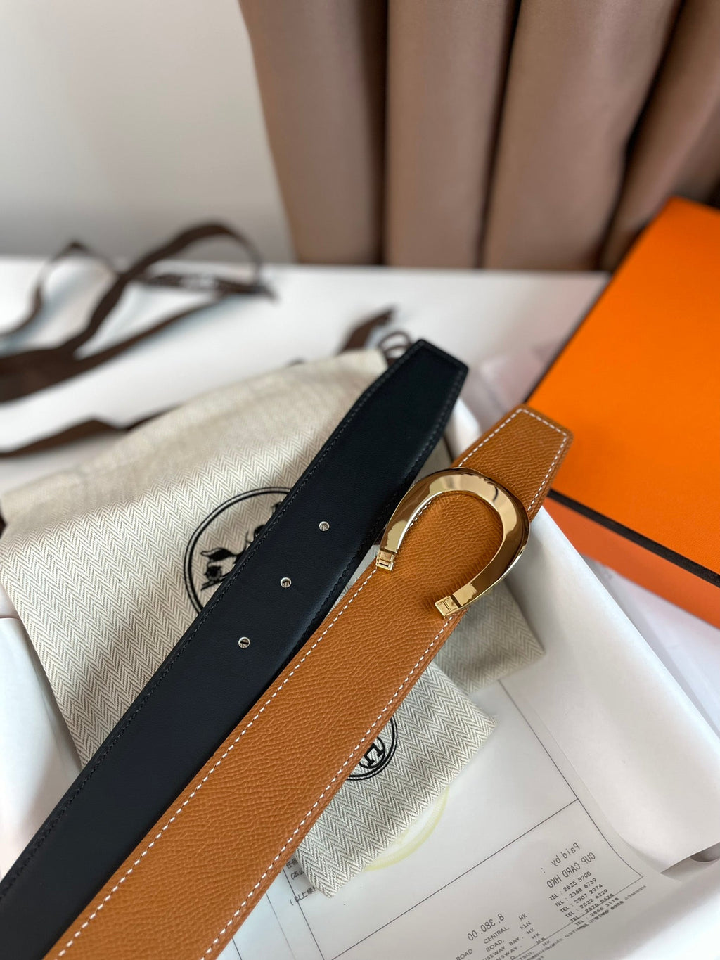 HERMES LUCK BELT BUCKLE & REVERSIBLE GINGER ORANGE LEATHER STRAP 38MM GOLDEN HARDWARE